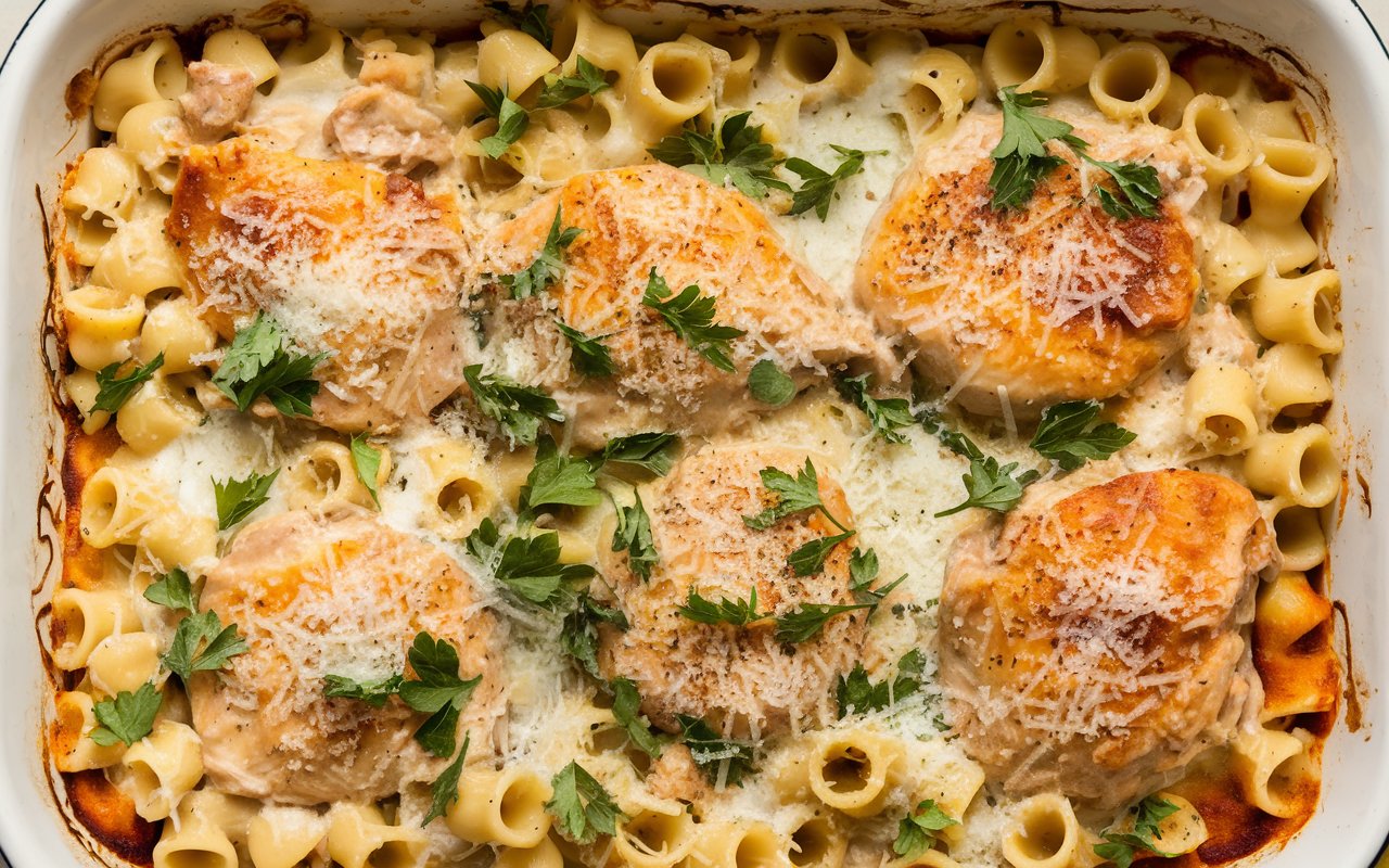 Creamy Garlic Parmesan Chicken Pasta Bake