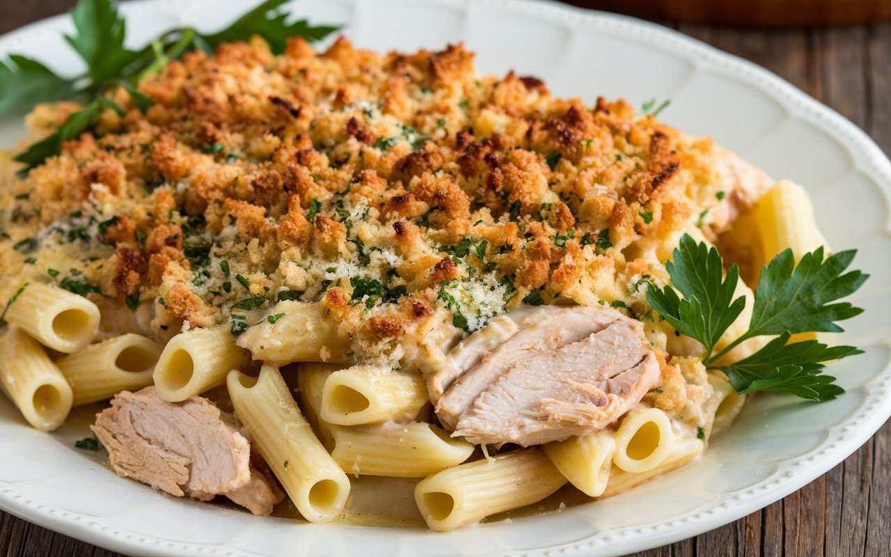 Healthy Garlic Parmesan Chicken Pasta Bake